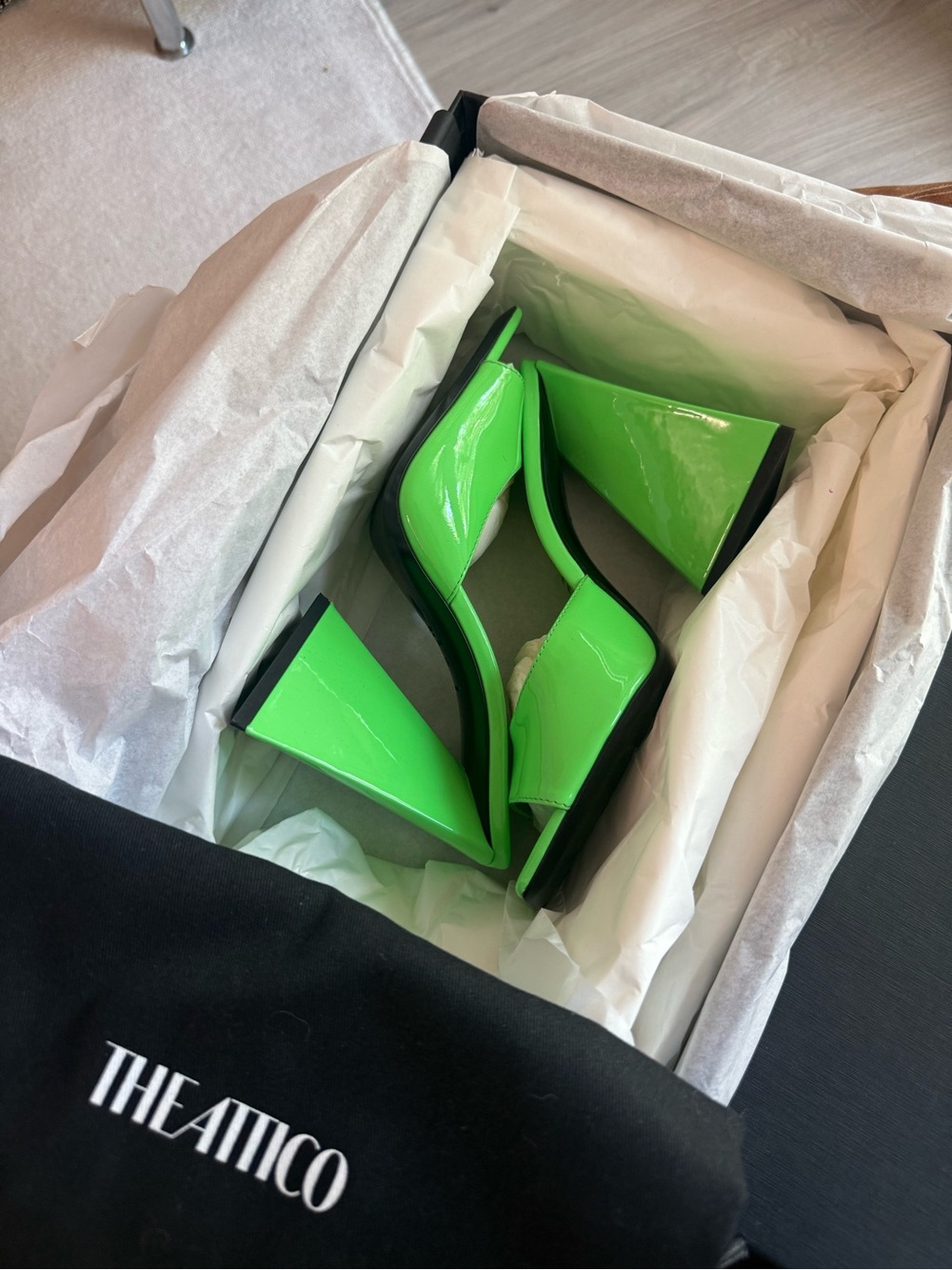 The Attico Neon Green Patent Square-Toe Mules
